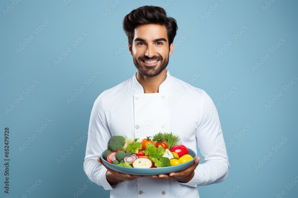 handsome man Holding a Tray with Fresh Vegetables on blue Background handsome man Holding a Tray with Fresh Vegetables on blue Background