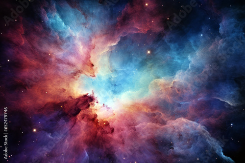 vibrant nebula, radiating hues of blue, pink, and gold