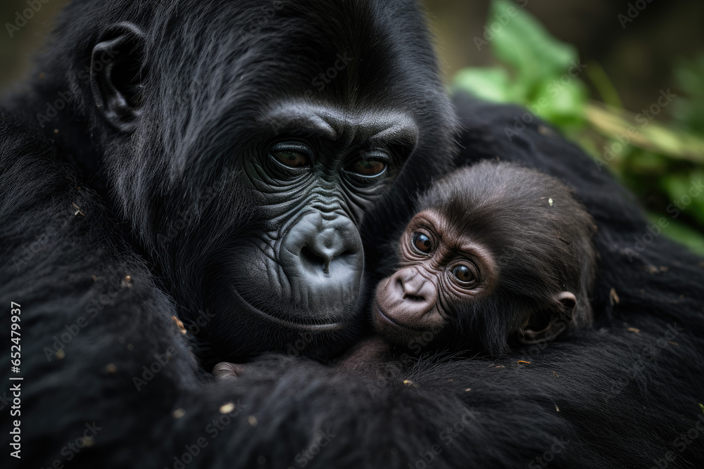 Mountain gorilla mother caring for her infant Mountain gorilla mother caring for her infant