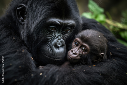 Mountain gorilla mother caring for her infant