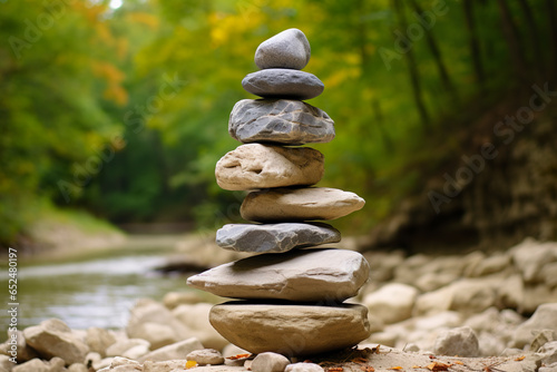 Concept of balance and harmony. Rocks stacked imposingly outdoors in nature. Soft light from stones in a wonderful, serene scene.