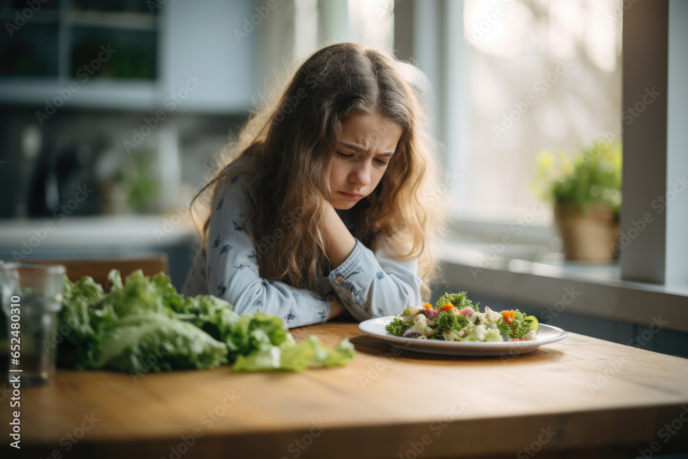 young girl with a plate of green salad on table in kitchen is depressed during dieting. the concept of negative consequences of a strict diet