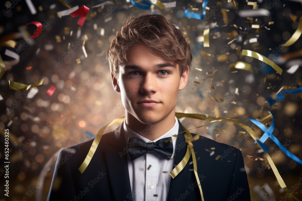 confident young man, winner of the contest, on a blurred confetti filled background