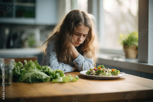 young girl with a plate of green salad on table in kitchen is depressed during dieting. the concept of negative consequences of a strict diet