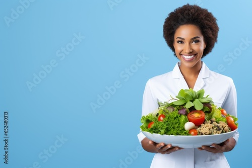 Young Beautiful woman Doctor Nutritionist Holding a Tray with Fresh Vegetables on blue Background