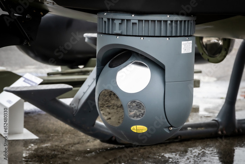 Camera sensor pods under a surveillance helicopter