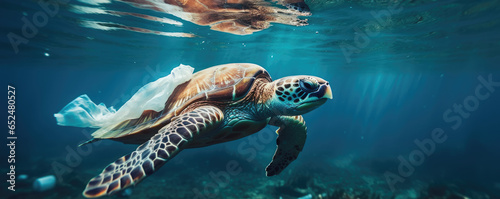 Sea turtle swimming amidst plastic pollution in the ocean