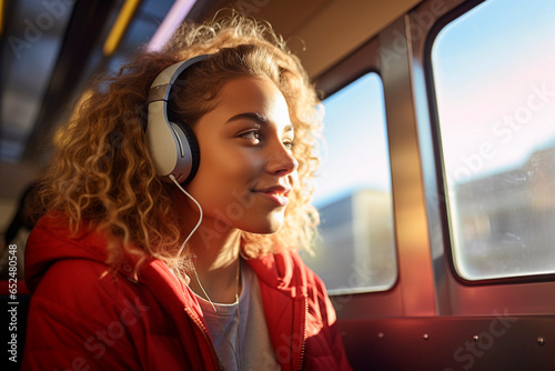 Young girl listening to music on public transport © Super2