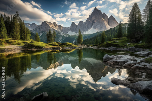 Alpine lake nestled amidst the Dolomites, reflecting the towering mountains in its clear waters © thejokercze