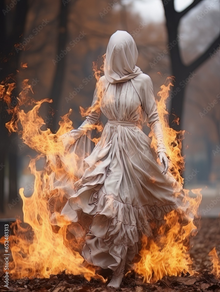 Creepy ghost pyrotechnician walking in the autumn forest among burning leaves, AI