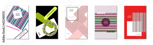 Geometric cover design, set of 5 covers. Abstract unusual background in Memphis style. Bright geometric shapes in random order