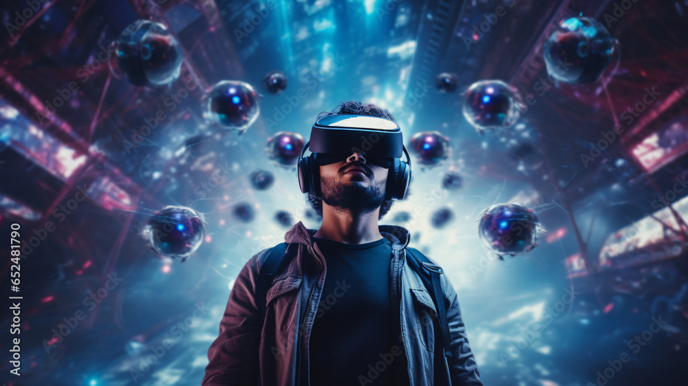 Young man with virtual reality headset or 3d glasses over abstract background Young man with virtual reality headset or 3d glasses over abstract background