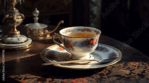 Tea table with porcelain cup  saucer and vintage teaspoon. Ambiance of an antique tea room or Old Money Aesthetic. Banner.