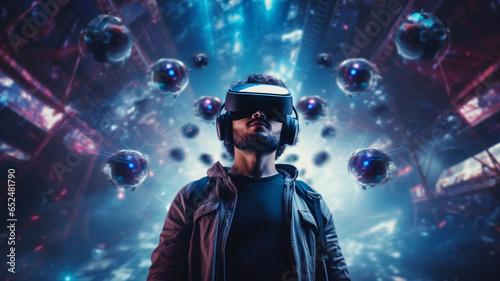 Young man with virtual reality headset or 3d glasses over abstract background