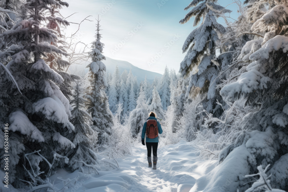 Winter hiker conquering a challenging snowy mountain trail
