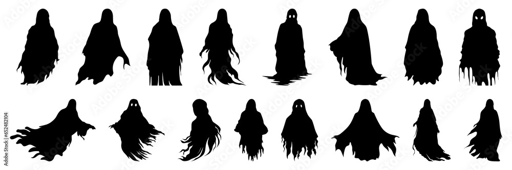 Ghost halloween horror silhouettes set, large pack of vector silhouette design, isolated white background - obrazy, fototapety, plakaty 