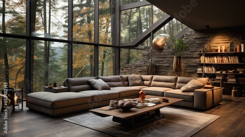 Minimalist interior design of a modern living room with a grey corner sofa against a big window in a country house in the forest