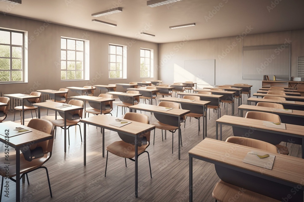 Classroom with spaced tables and chairs to prevent spread of Covid-19. Empty and ready for teaching. Rendered interior. Generative AI