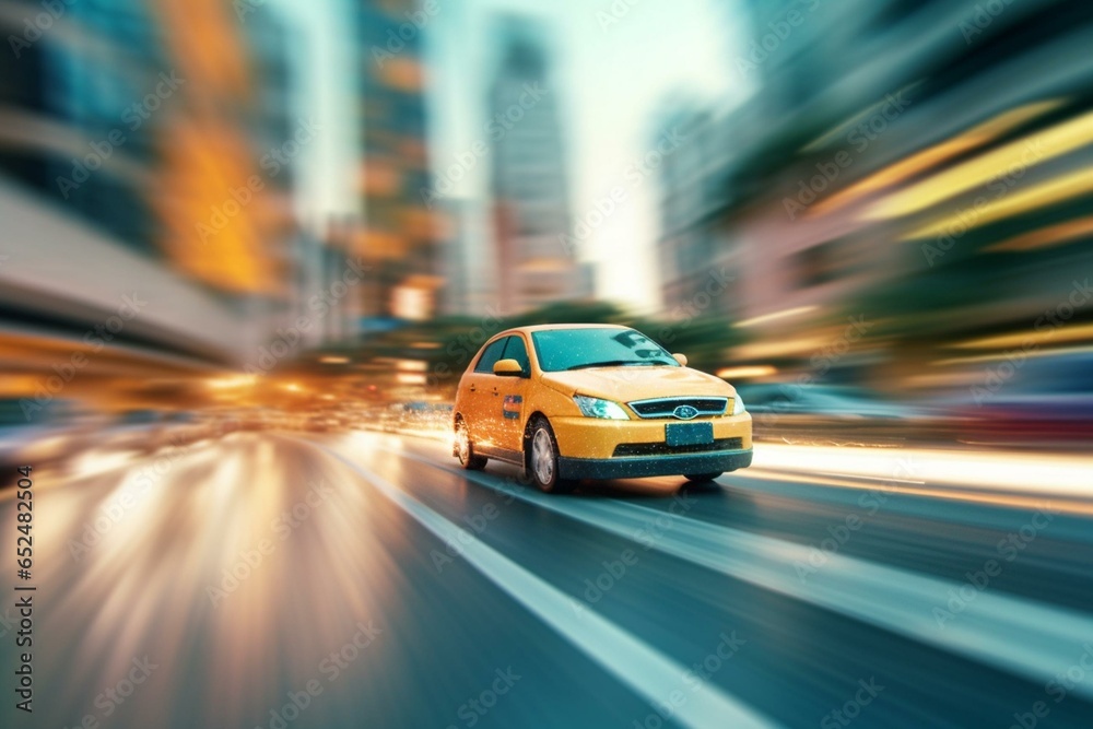 A speedy vehicle zooms on a busy road with a blurry backdrop. Generative AI