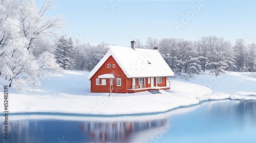 A winter season scene house with the lake © Abdul
