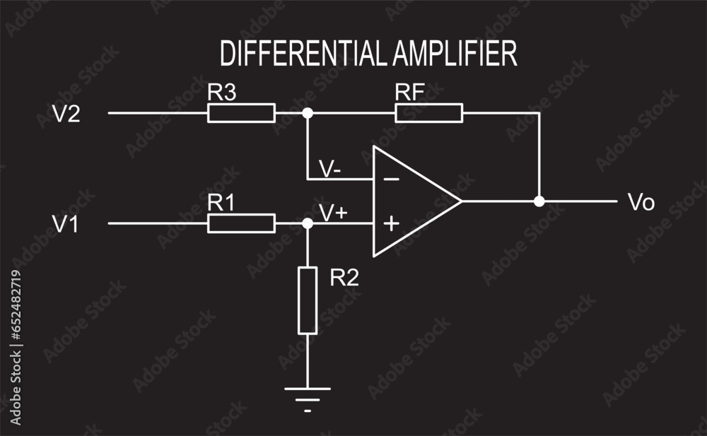 Vector drawing electrical circuit with operational amplifier and resistor. Schematic diagram of electronic device.