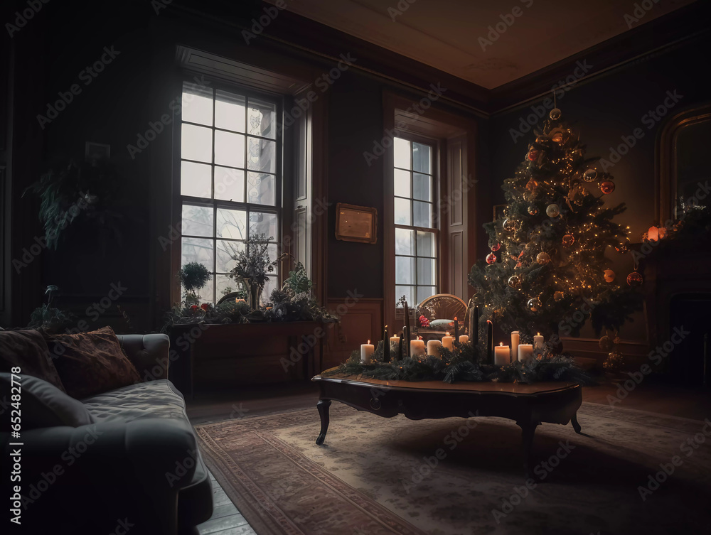 Fototapeta premium Magical Christmas Tree Extravaganza: Dive into the Festive Splendor of a Cozy Holiday Wonderland!