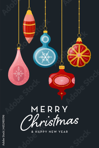 Christmas greeting Poster or Card with decorative Vintage glass balls. Vector illustration in retro style photo