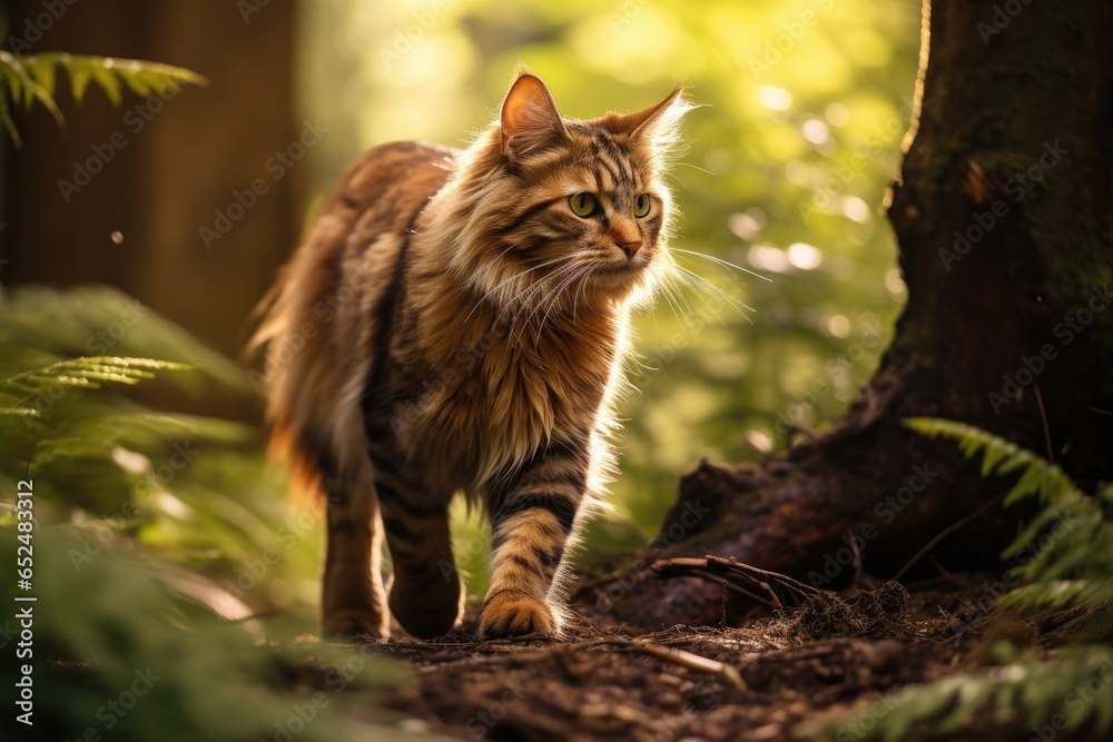 A Maine Coon cat strolls on a sunlit path in the woods.