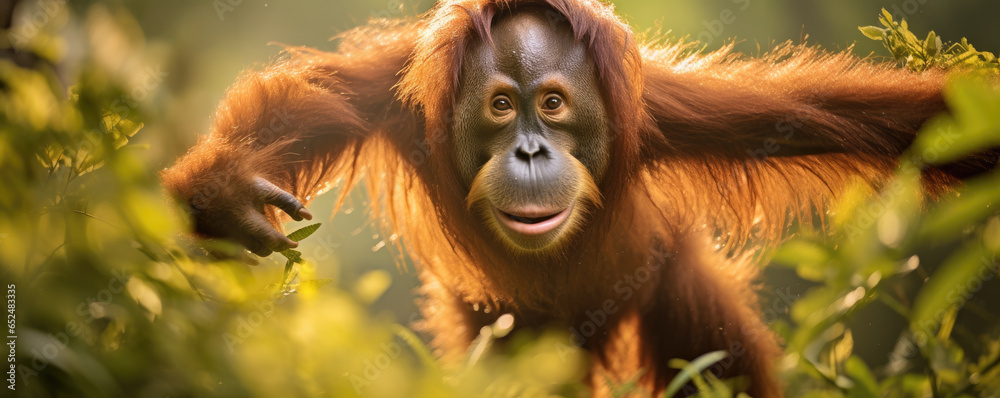 Obraz premium Sumatran orangutan swinging gracefully through the trees, surrounded by vibrant rainforest foliage
