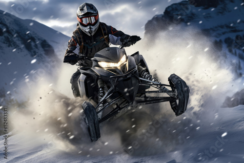 Snowmobiler navigating challenging snowy terrains and trails