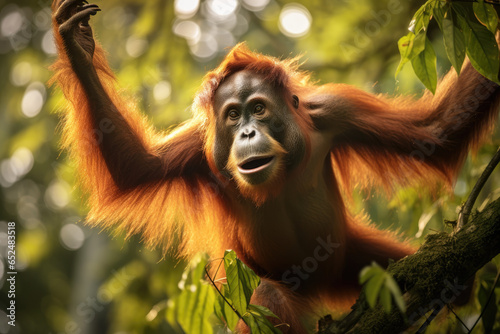 Sumatran orangutan swinging gracefully through the trees, surrounded by vibrant rainforest foliage
