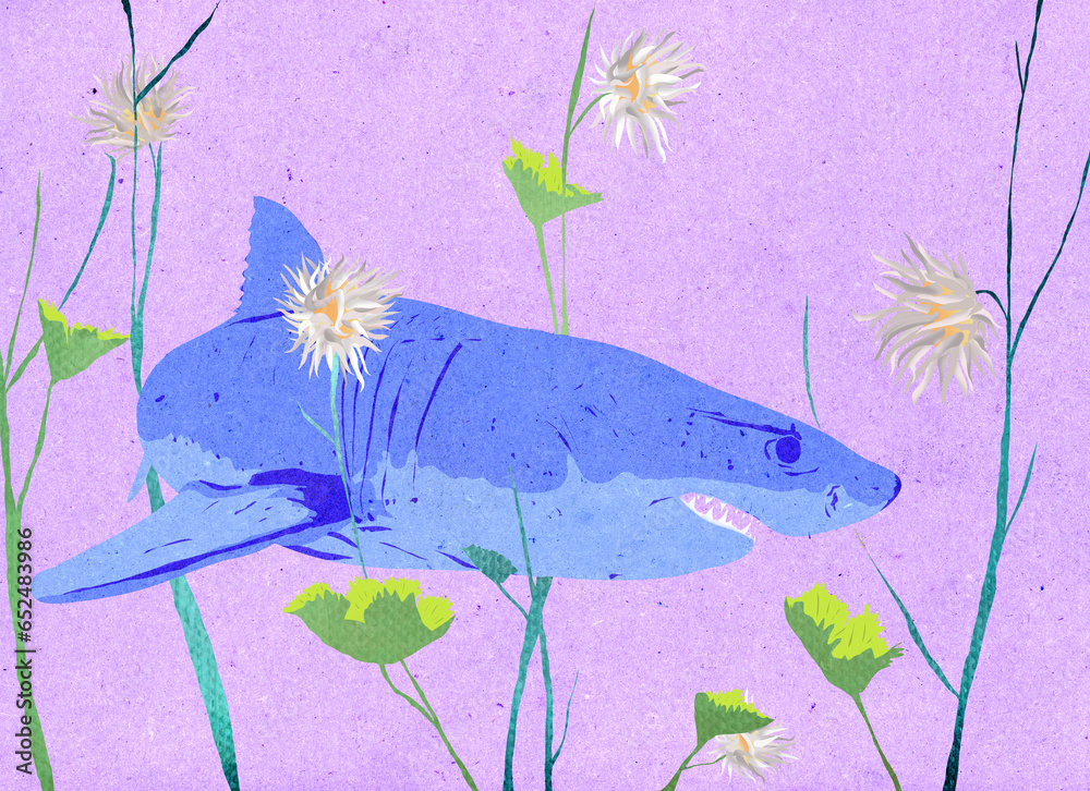 Ilustracja rekin pływający wśród kwiatów różowa woda. - obrazy, fototapety, plakaty 