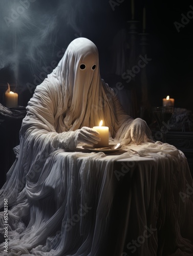 Creepy ghost dementor sitting at the table with a candle in his hand, AI