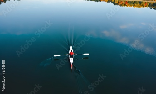 Person rowing on a calm lake in autumn, aerial view 