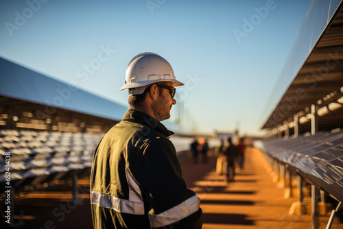 A technician inspecting a concentrated solar power (CSP) plant, highlighting the efficiency of solar thermal technology. Generative Ai.