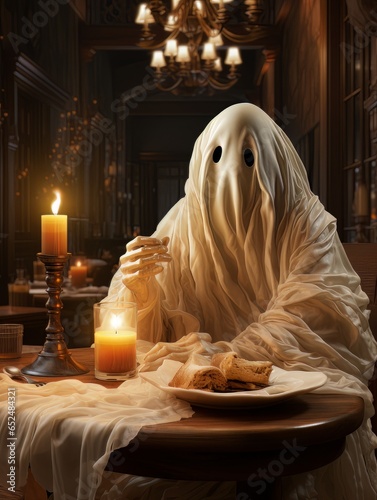 Cartoon white ghost eats dinner by candlelight, AI