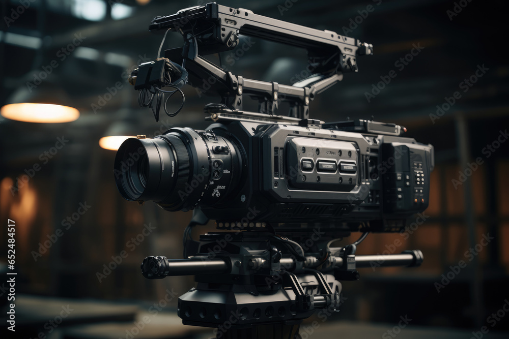 A film camera mounted on a crane for dynamic shots, highlighting cinematic innovation. Generative Ai.
