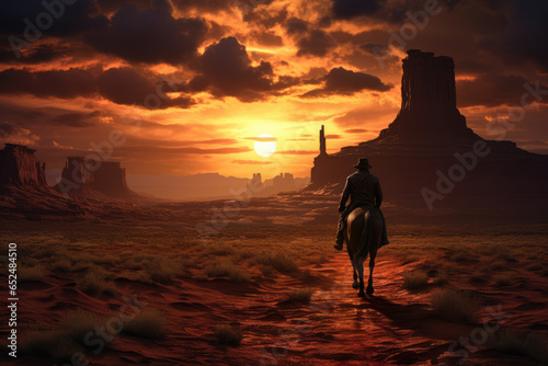 A spaghetti western landscape with a lone cowboy, embodying the rugged charm of Western films. Generative Ai. photo