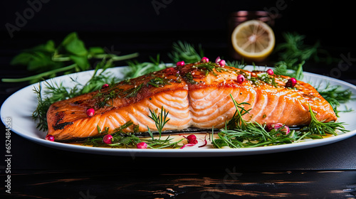 plate with roasted salmon decorated with herbs