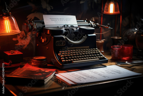 A film critic's desk with a typewriter and reviews, showcasing the role of criticism in cinema. Generative Ai.