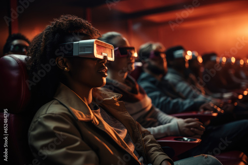A 3D glasses-wearing audience in a contemporary cinema, highlighting technological advancements. Generative Ai.