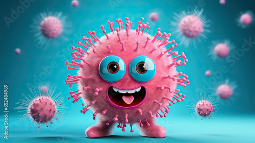 cute pink virus character against blue background