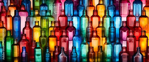 Rows of transparent empty vintage multicolored glass bottles background