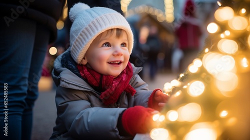 A smiling baby boy at a Christmas market looking at christmas ornaments, christmas trees and lights