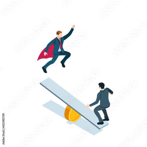 isometric business man takes off like superman from a catapult, in color on a white background, jump to success or startup