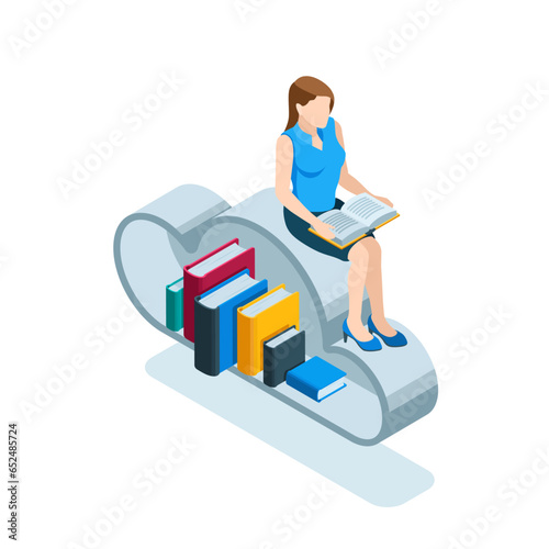 isometric woman reading a book on the big cloud with books in color on a white background, online library or cloud data storage