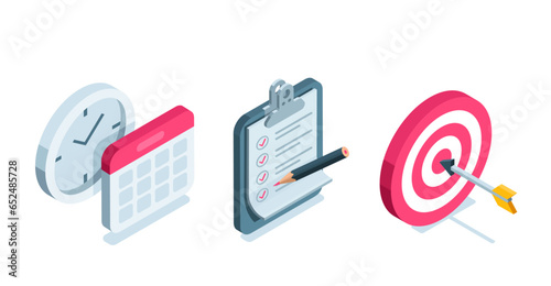 isometric set of business icons in color on a white background, a calendar with a clock and a clipboard with a pencil next to the target