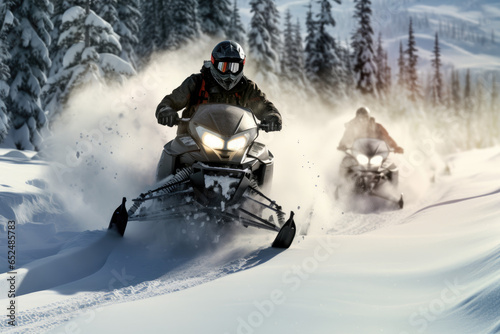 Snowmobiler navigating challenging snowy terrains and trails © thejokercze