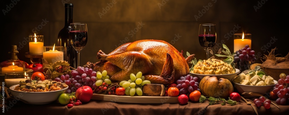 thanksgiving roast turkey on dinner table surrounded by food and candles fall aesthetic | Generative AI