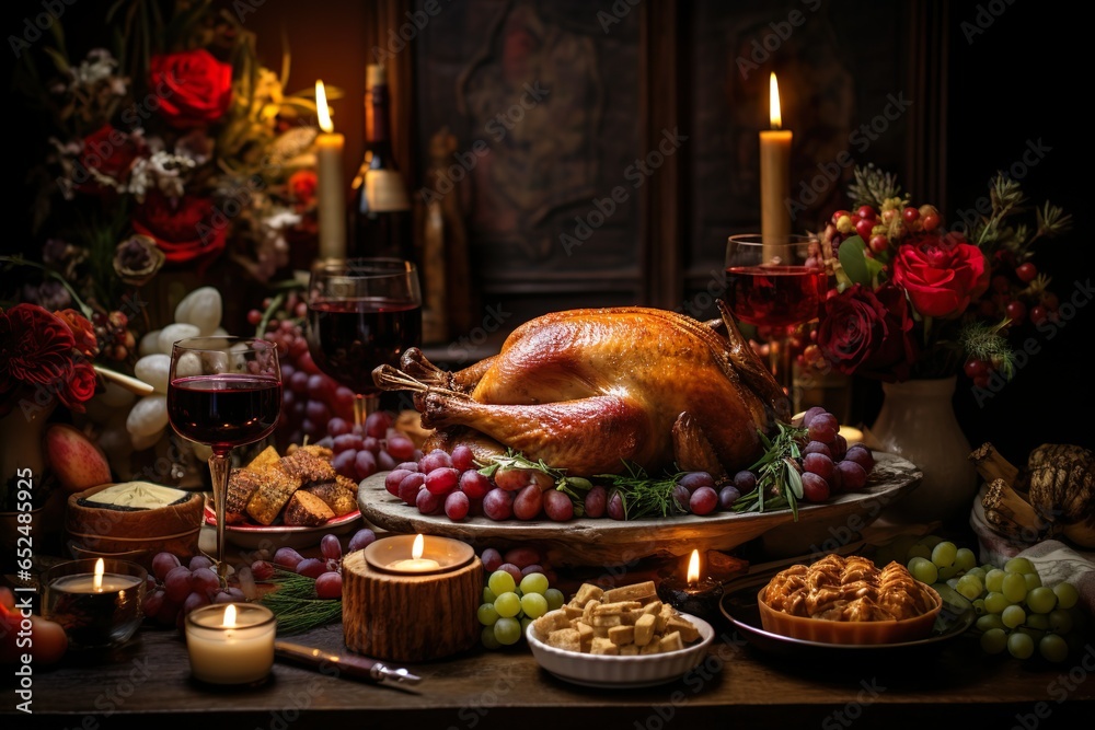 thanksgiving roast turkey on dinner table surrounded by food and candles fall aesthetic | Generative AI